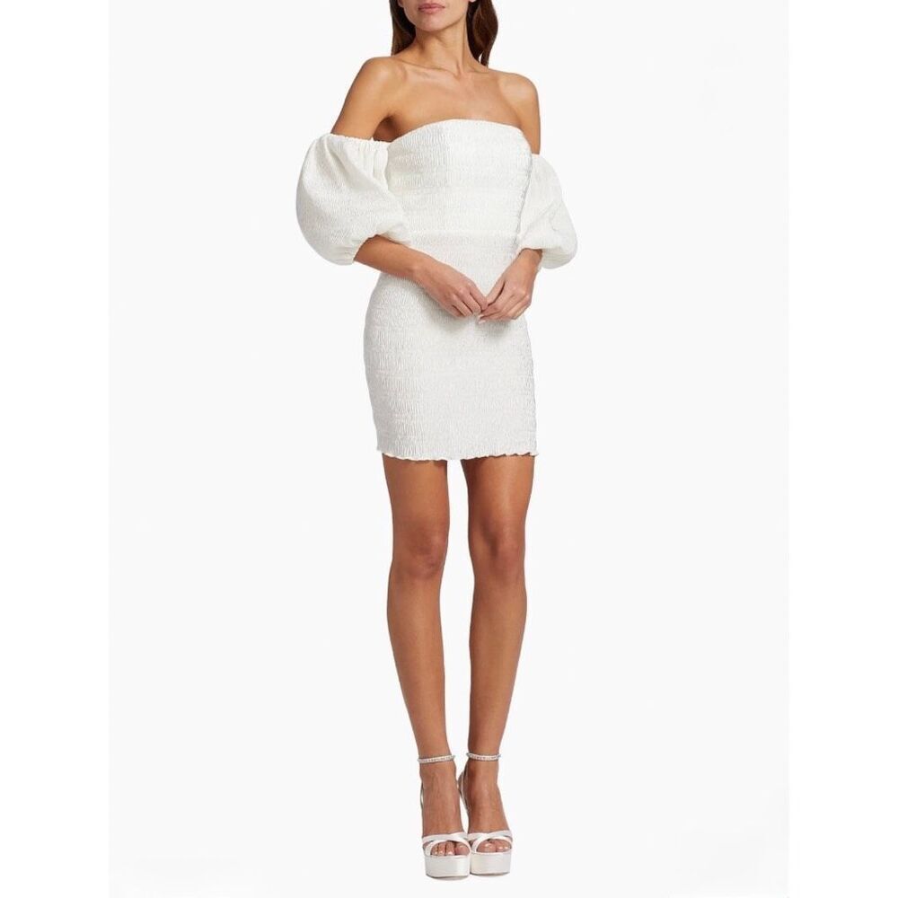 Nwt L'idee Art Deco White Pleated Off Shoulder Puff Sleeve Mini Dress 8 Smocked — image 3 of 8